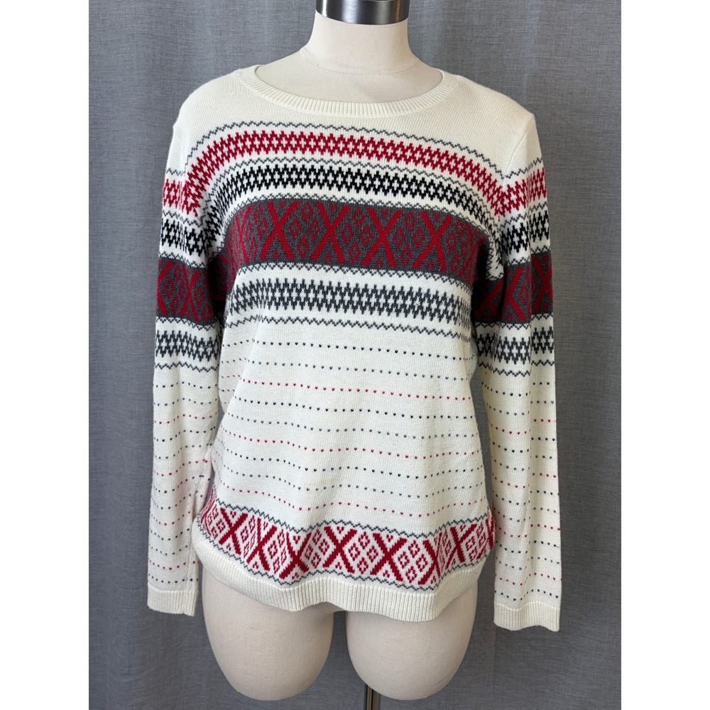 Talbots Ivory Fair Isle Knit Sweater Red Black Pattern Back Keyhole Size‎ Medium